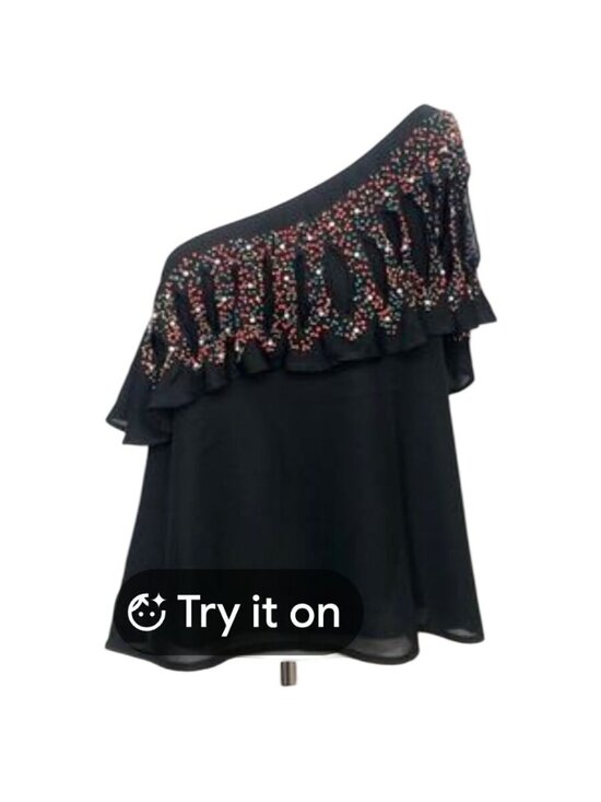 Chloe Oliver Tops - Anthropologie Chloe Oliver Beaded Ruffle Peplum One-Shoulder Black Top Large